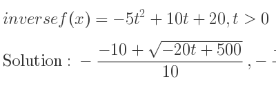 The inverse of f(x)=-5t^2+10t+20,t>0 is -(-10+sqrt(-20t+500))/(10),-(-10-sqrt(-20t+500))/(10)